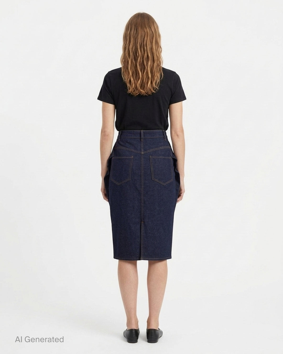 Jacquemus La Jupe Cubisto dark indigo denim midi skirt with contrast topstitching, high waist, and curved sculptural silhouette, shown from the front - back