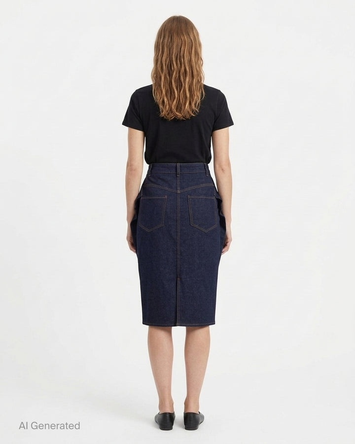 Jacquemus La Jupe Cubisto dark indigo denim midi skirt with contrast topstitching, high waist, and curved sculptural silhouette, shown from the front - back