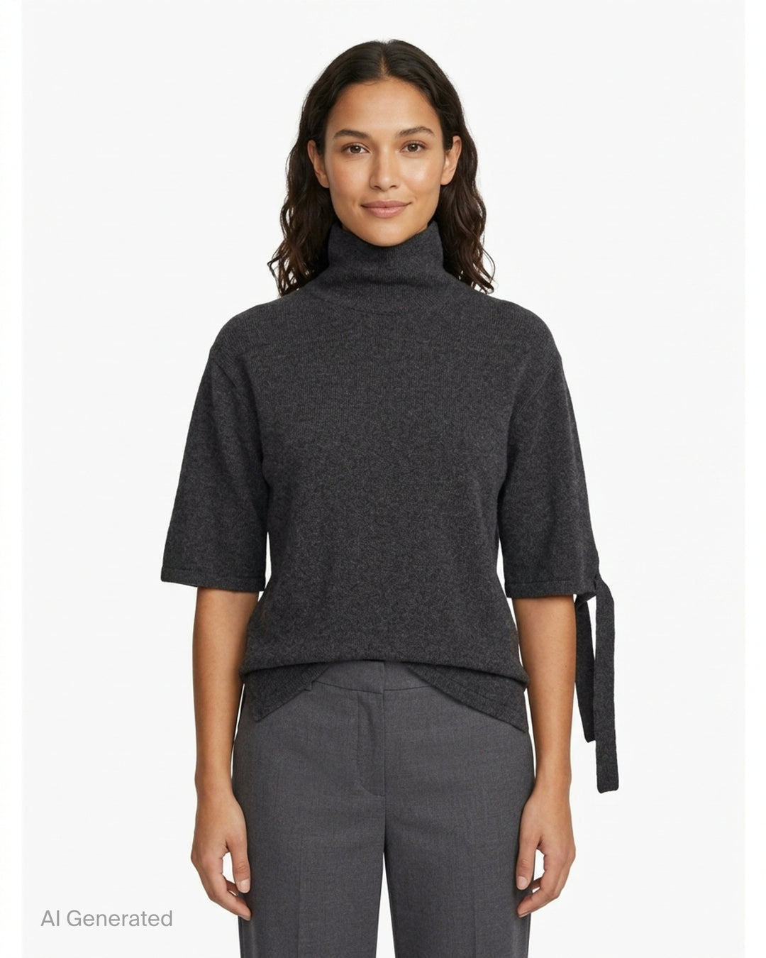 Jacquemus Fiocco beige knit turtleneck top with short sleeves, a tied bow at the sleeve and gathered waist detail - front