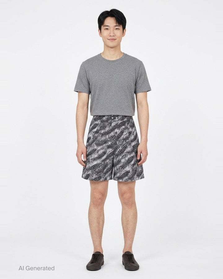 Jacquemus Le Short Pyjama wide-leg shorts with an all-over black and white fish-school graphic print, featuring a high-rise waistband with twin button fastening - front