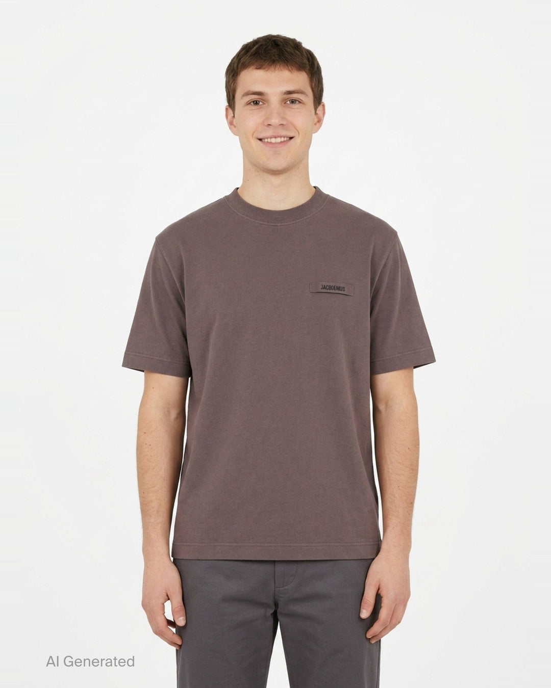 Jacquemus Le T-shirt Gros Grain in pale yellow, featuring a relaxed fit, crew neck, short sleeves, and a woven Jacquemus grosgrain logo tab on the chest - front