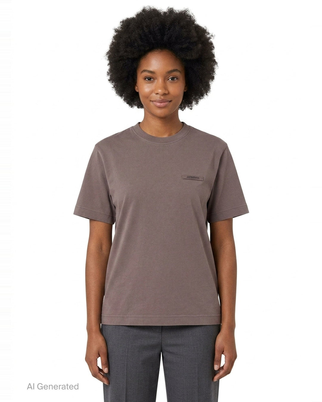 Jacquemus Gros Grain Short Sleeve Tee in cream with a woven grosgrain logo label on the chest - front