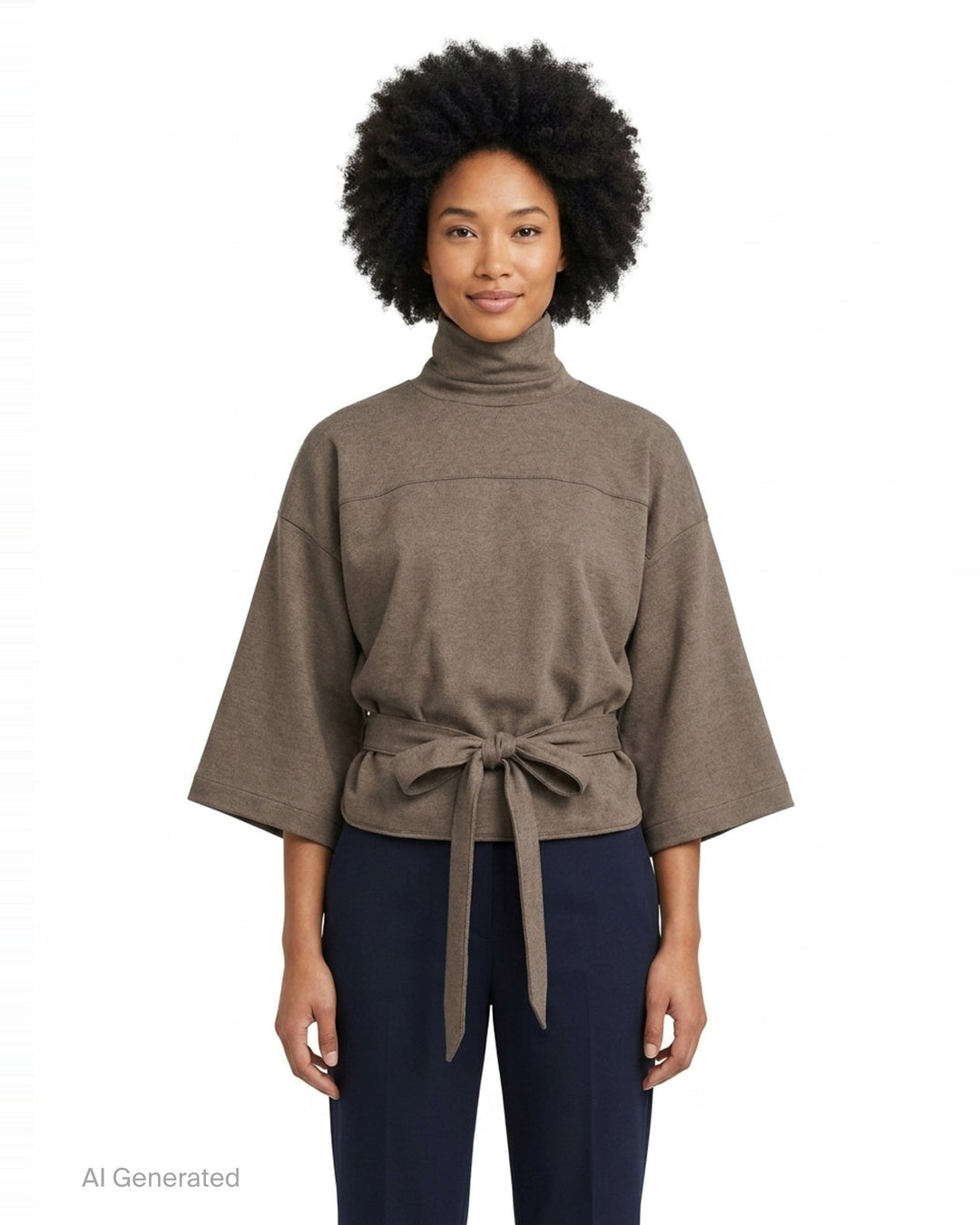 Jacquemus Havana Woven Belted Top in taupe, featuring a high turtleneck collar, wide elbow-length sleeves, and a long self-tie fabric belt at the gathered hem, displayed flat on a white background - front