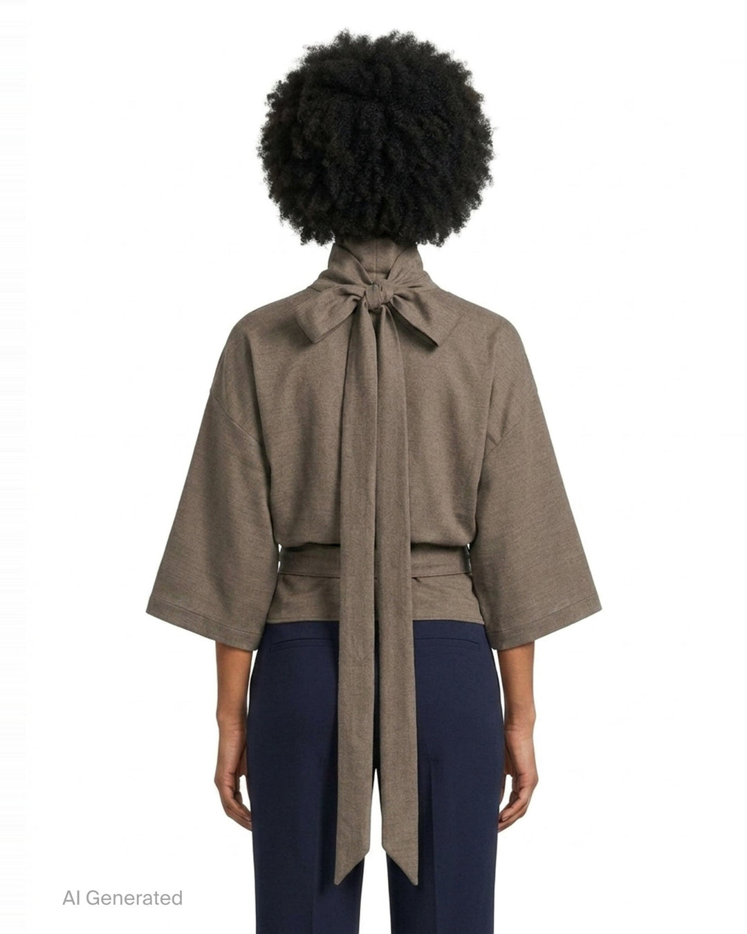 Jacquemus Havana Woven Belted Top in taupe, featuring a high turtleneck collar, wide elbow-length sleeves, and a long self-tie fabric belt at the gathered hem, displayed flat on a white background - back