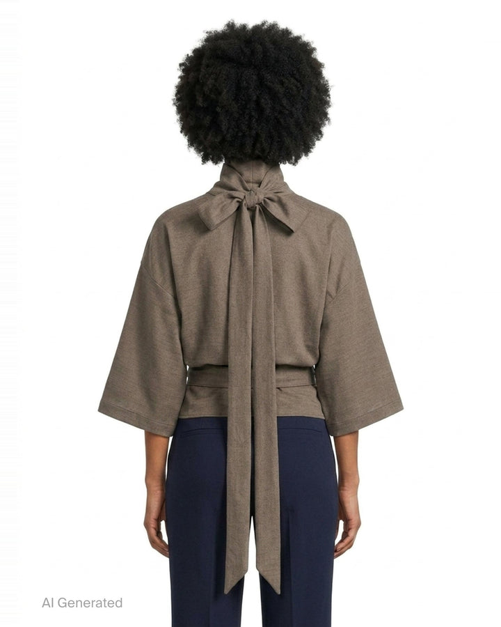 Jacquemus Havana Woven Belted Top in taupe, featuring a high turtleneck collar, wide elbow-length sleeves, and a long self-tie fabric belt at the gathered hem, displayed flat on a white background - back