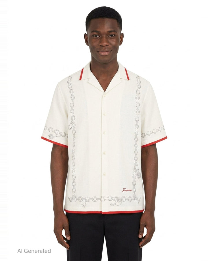 Jacquemus La Chemise Cocktail short sleeve shirt in white with an all-over monochrome hand-drawn still-life sketch print featuring shells, fish, fruit, and ribbon motifs, camp collar, and button-through front fastening - front