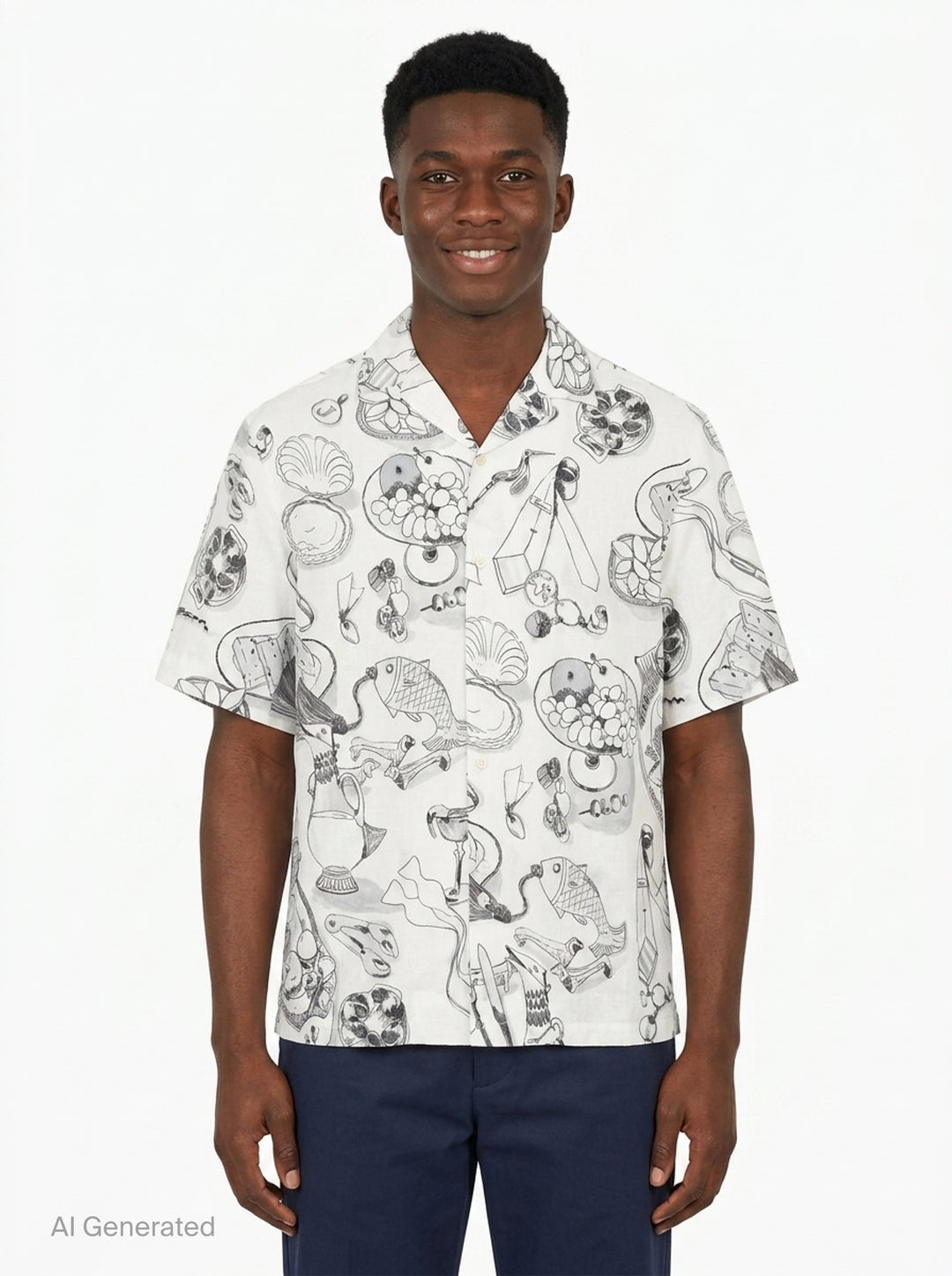 Jacquemus La Chemise Cocktail short sleeve shirt in white with an all-over monochrome hand-drawn still-life sketch print featuring shells, fish, fruit, and ribbon motifs, camp collar, and button-through front fastening - front