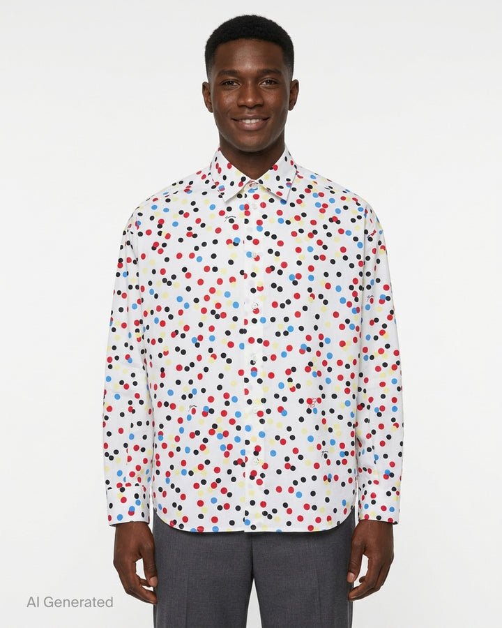 Jacquemus La Chemise Losange long sleeve white shirt with red, blue, yellow, and black polka dot print, front view - front