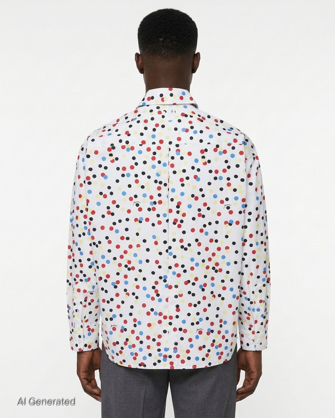 Jacquemus La Chemise Losange long sleeve white shirt with red, blue, yellow, and black polka dot print, front view - back