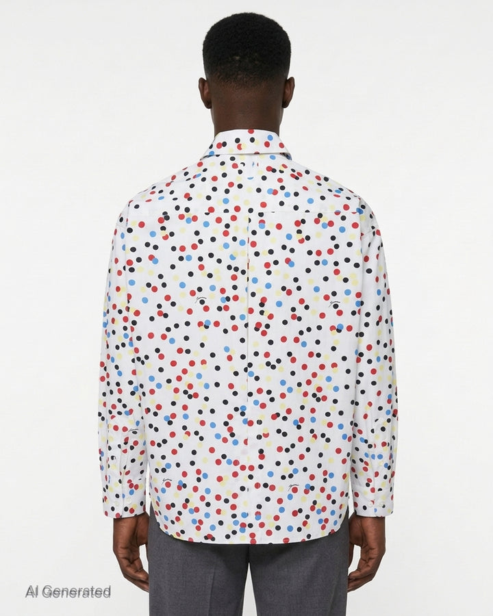 Jacquemus La Chemise Losange long sleeve white shirt with red, blue, yellow, and black polka dot print, front view - back
