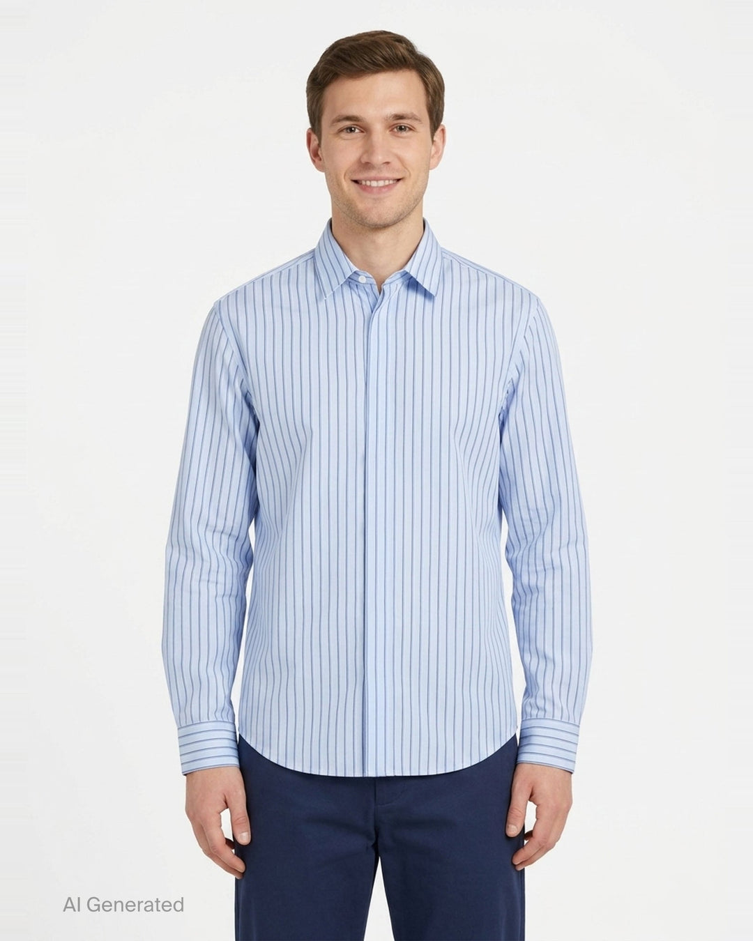 Jacquemus La Chemise Simon long sleeve shirt in light blue with navy vertical pinstripes, featuring a classic point collar and double-button barrel cuffs - front