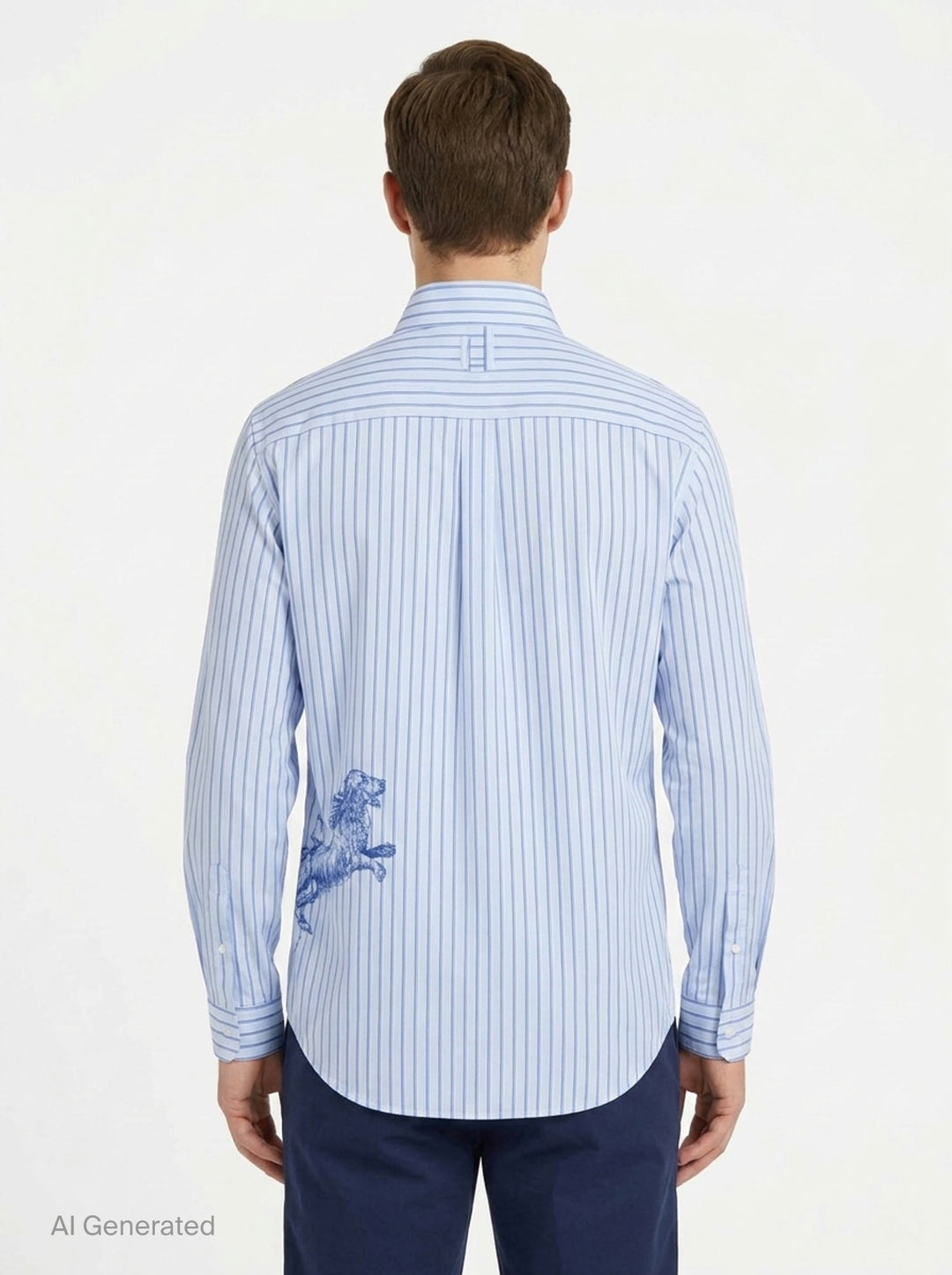 Jacquemus La Chemise Simon long sleeve shirt in light blue with navy vertical pinstripes, featuring a classic point collar and double-button barrel cuffs - back