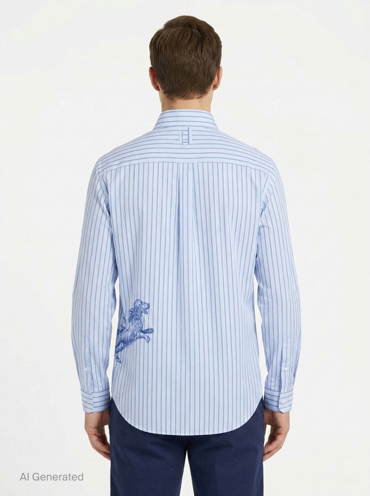 Jacquemus La Chemise Simon long sleeve shirt in light blue with navy vertical pinstripes, featuring a classic point collar and double-button barrel cuffs - back