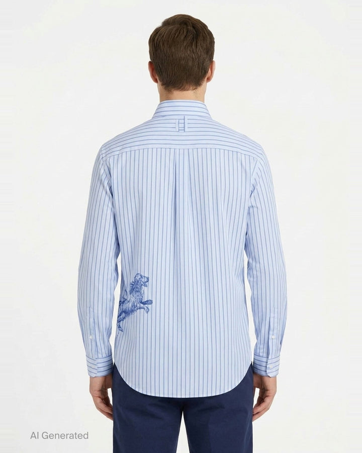 Jacquemus La Chemise Simon long sleeve shirt in light blue with navy vertical pinstripes, featuring a classic point collar and double-button barrel cuffs - back