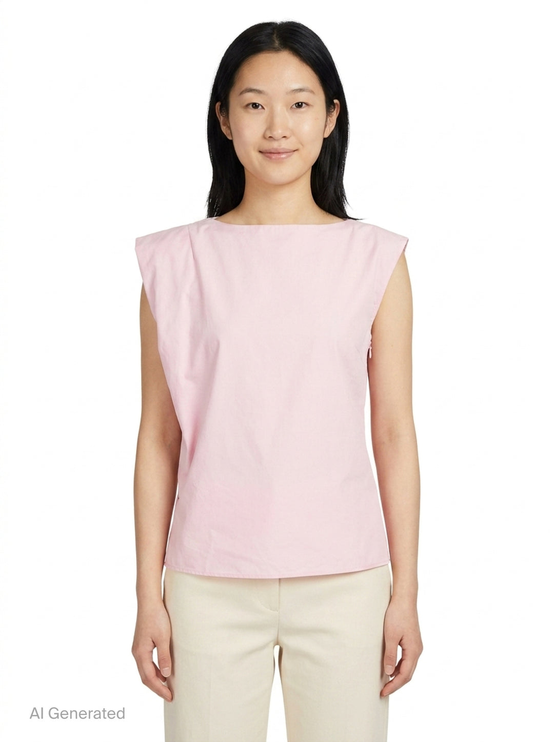 Jacquemus La Haut Drap sleeveless woven top in pale pink with structured shoulder seams, side zip detail, and navy brand label at the neckline - front