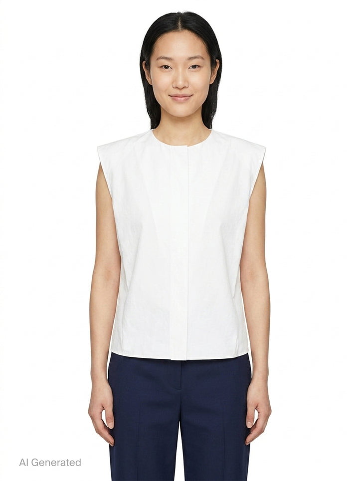 Jacquemus La Haut Drap sleeveless woven top in pale pink with structured shoulder seams, side zip detail, and navy brand label at the neckline - front