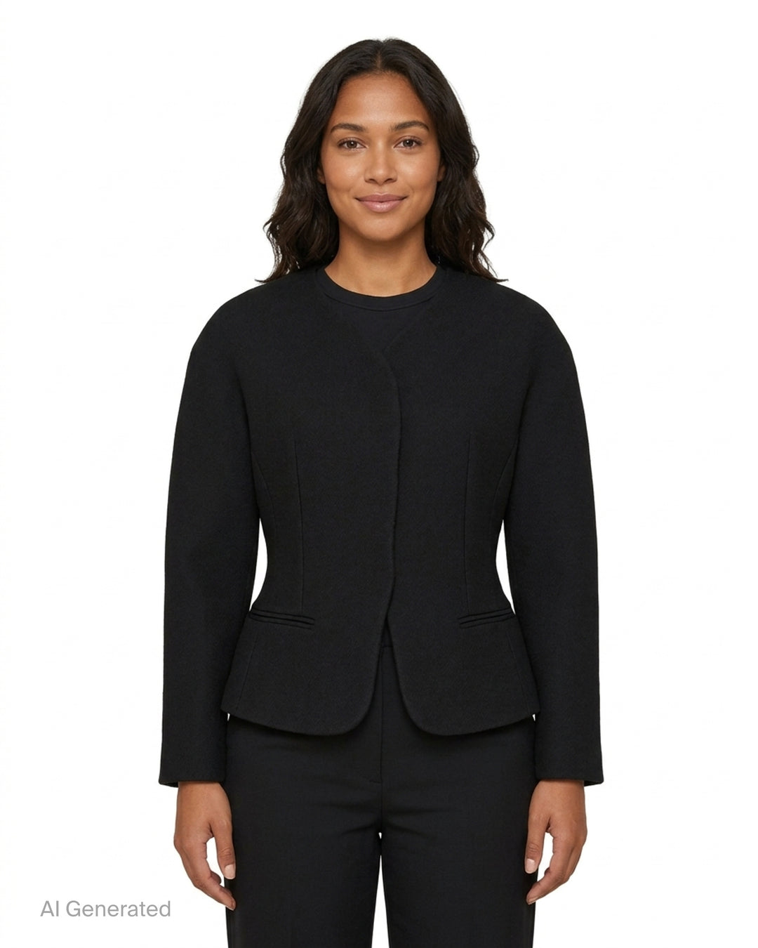 Jacquemus La Petite Veste Ovalo black collarless jacket with rounded shoulders, cinched waist and flared hem, shown from the front - front