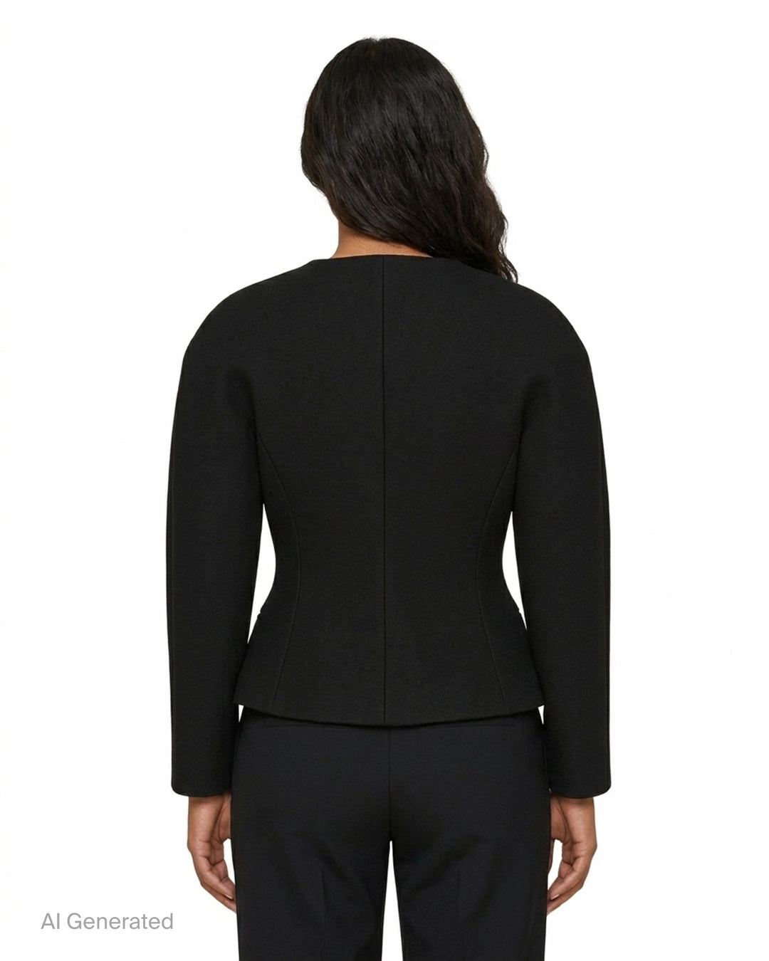 Jacquemus La Petite Veste Ovalo black collarless jacket with rounded shoulders, cinched waist and flared hem, shown from the front - back