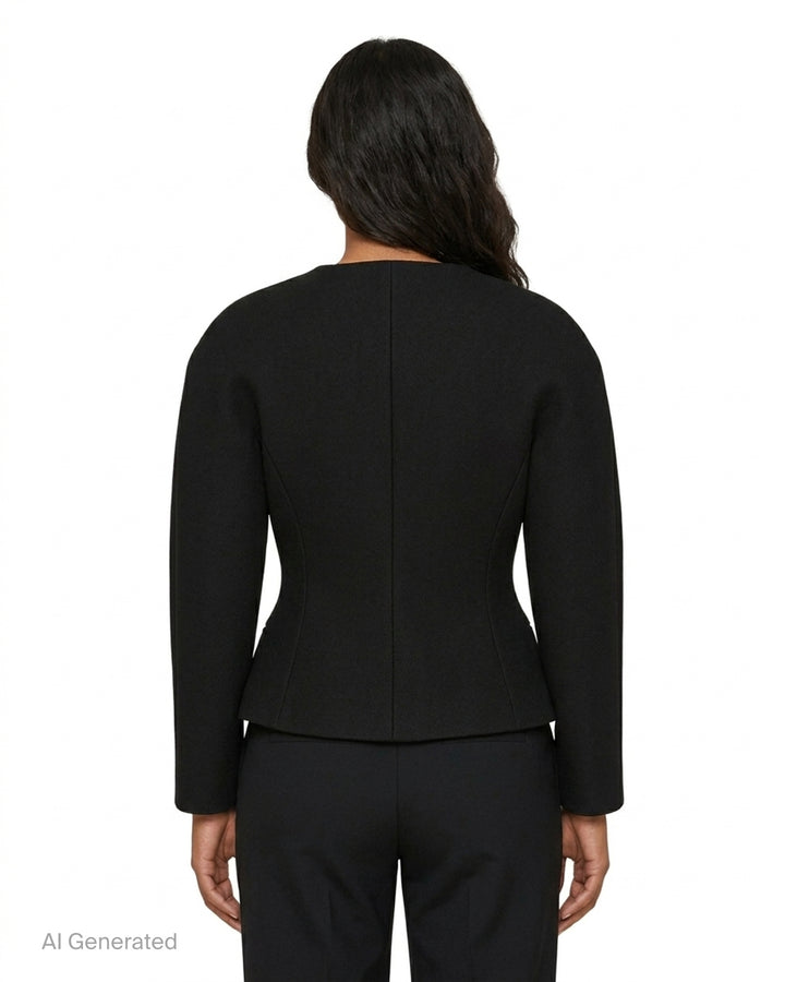 Jacquemus La Petite Veste Ovalo black collarless jacket with rounded shoulders, cinched waist and flared hem, shown from the front - back