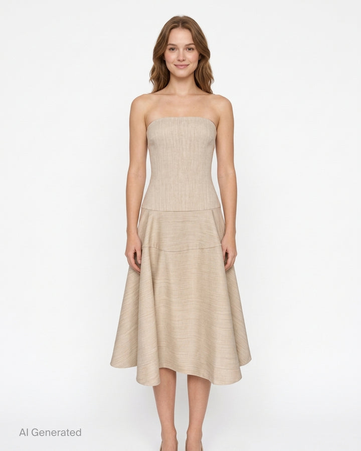 Jacquemus La Robe Paradiso strapless woven midi dress in oatmeal with a fitted bodice and flared asymmetric skirt - front