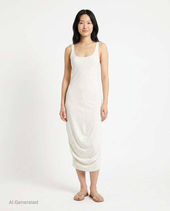 Jacquemus La Robe Regata black sleeveless jersey midi dress with ruched hem and back zip closure, shown from the back - front