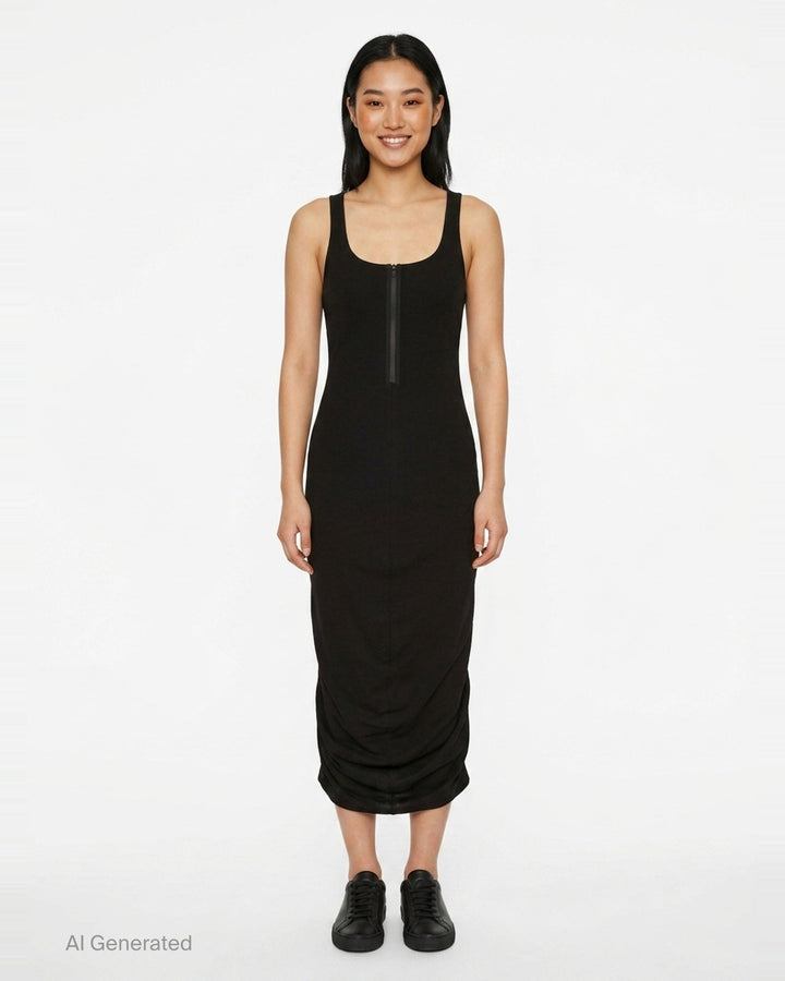 Jacquemus La Robe Regata black sleeveless jersey midi dress with ruched hem and back zip closure, shown from the back - front