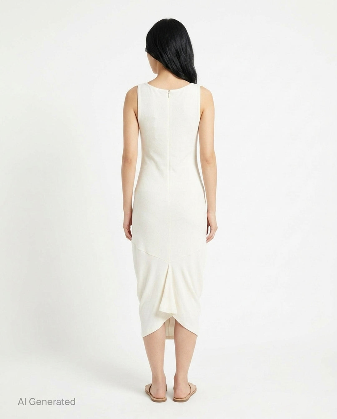 Jacquemus La Robe Regata black sleeveless jersey midi dress with ruched hem and back zip closure, shown from the back - back