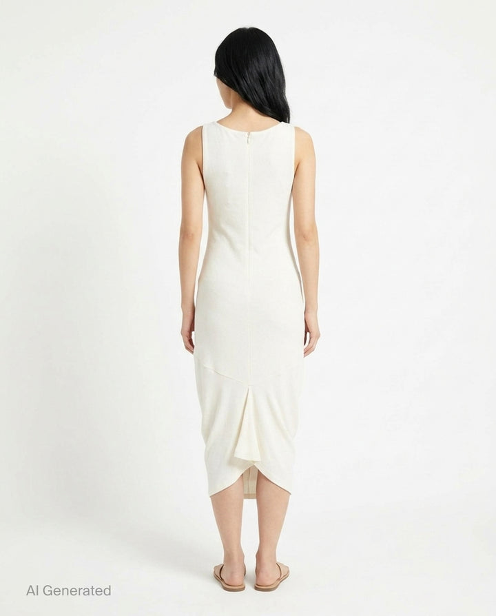 Jacquemus La Robe Regata black sleeveless jersey midi dress with ruched hem and back zip closure, shown from the back - back