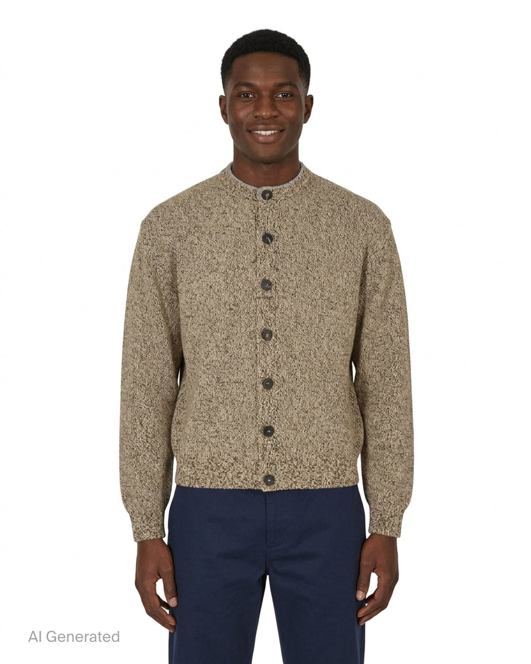 Jacquemus Le Cardigan Moulin in beige knit with a collarless neckline and dark tortoiseshell-effect front buttons - front