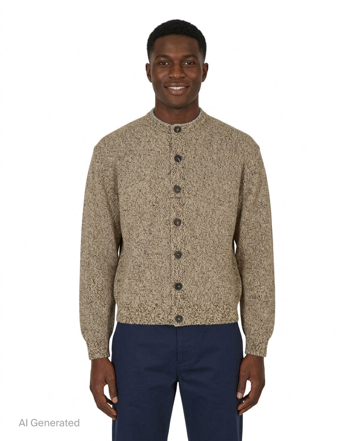Jacquemus Le Cardigan Moulin in beige knit with a collarless neckline and dark tortoiseshell-effect front buttons - front
