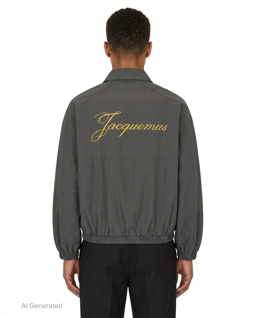 Jacquemus Le Coupe-Vent blouson in slate grey with full-length zip closure, gold script 'J' embroidery on the chest, elasticated cuffs, and drawstring hem - back