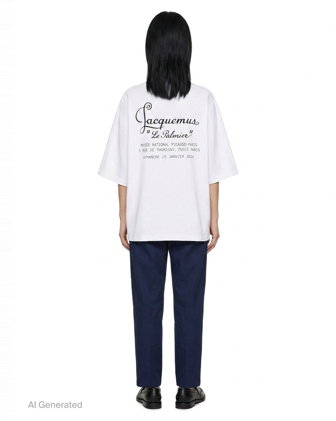 Jacquemus Le Palmier oversized white cotton tee with drop shoulders and 'Le Palmier' script embroidery at the hem, product flat lay - back