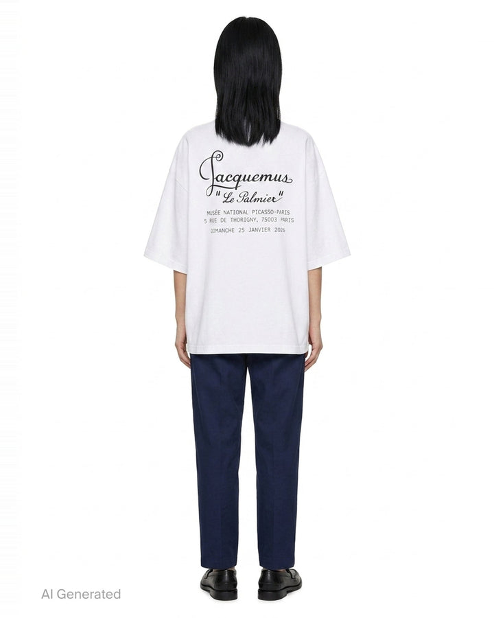 Jacquemus Le Palmier oversized white cotton tee with drop shoulders and 'Le Palmier' script embroidery at the hem, product flat lay - back