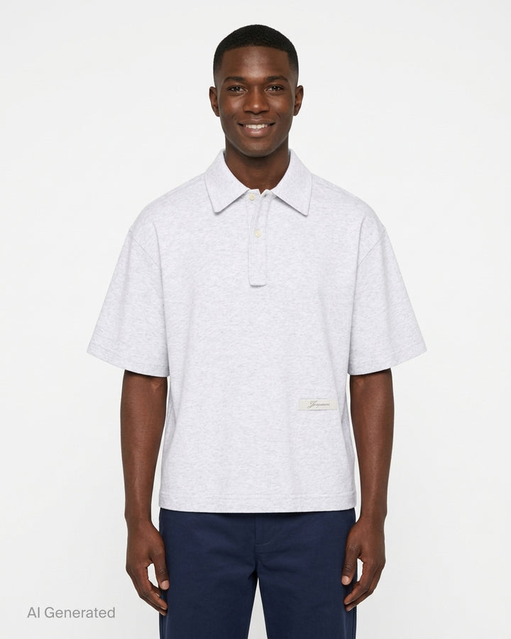 Jacquemus Le Polo Ruban in heather grey with a pointed collar, two-button placket and woven ribbon label at the hem - front