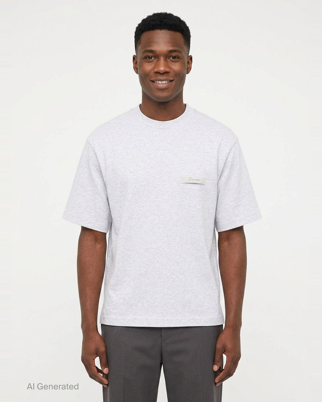Jacquemus Le T-Shirt Ruban in charcoal grey, featuring a boxy silhouette, crew neckline, and a tonal signature woven label patch at the chest - front