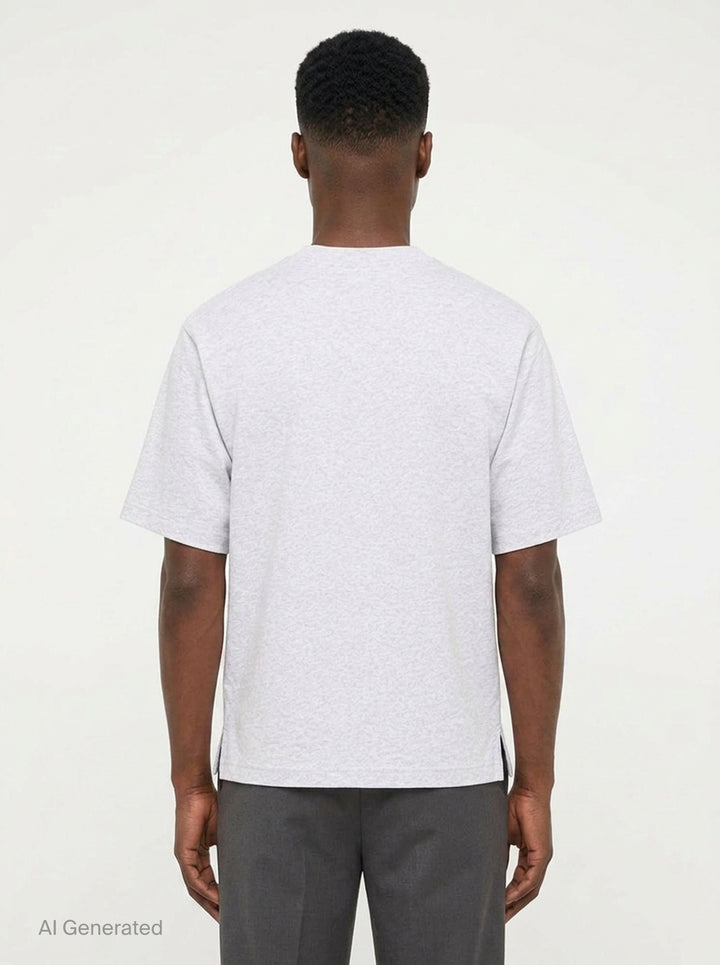 Jacquemus Le T-Shirt Ruban in charcoal grey, featuring a boxy silhouette, crew neckline, and a tonal signature woven label patch at the chest - back