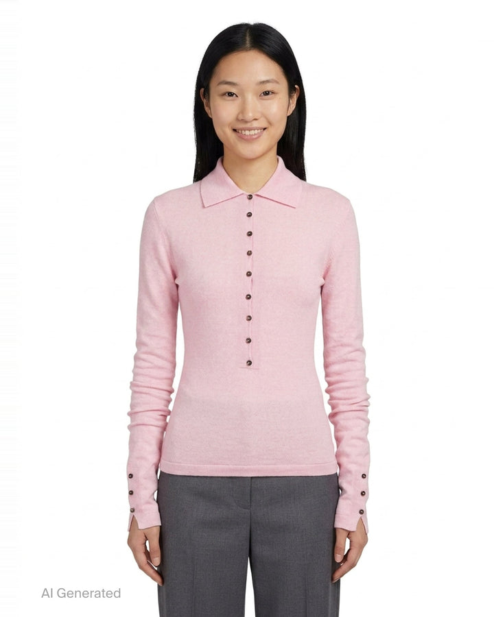 Jacquemus Le Polo Merino long-sleeve knit polo in blush pink with dark snap-button placket, ruched sleeves, and snap-button cuffs, displayed on a flat lay against a white background - front