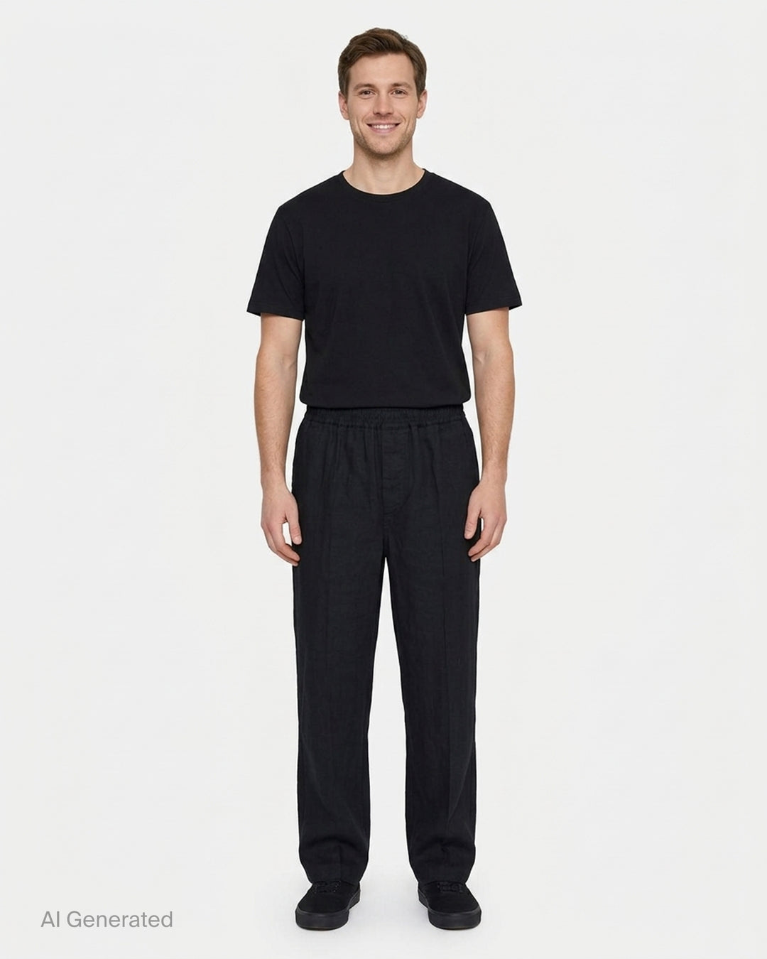 Jacquemus Le Pantalon Miami black wide-leg trousers with smocked elasticated waistband and pressed centre crease, front view - front
