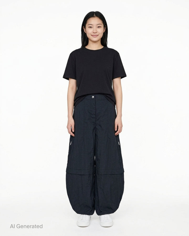 Jacquemus Oval Cargo Pants in navy with a high waist, side zip pockets and rounded balloon legs, shown from the front - front