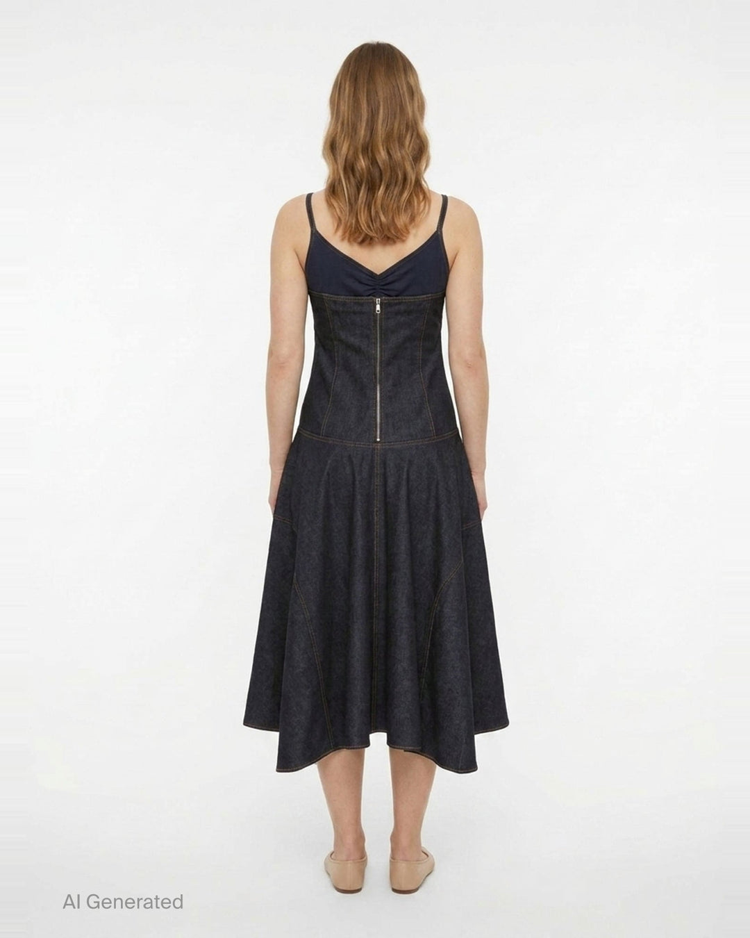 Jacquemus Pina dark indigo denim midi dress with ruched V-neckline, spaghetti straps, and a full drop-waist flared skirt with contrast topstitching, displayed on a plain white background - back