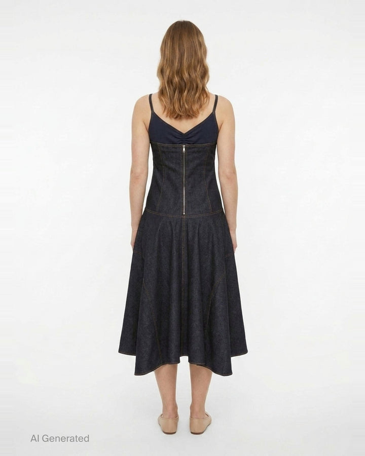 Jacquemus Pina dark indigo denim midi dress with ruched V-neckline, spaghetti straps, and a full drop-waist flared skirt with contrast topstitching, displayed on a plain white background - back