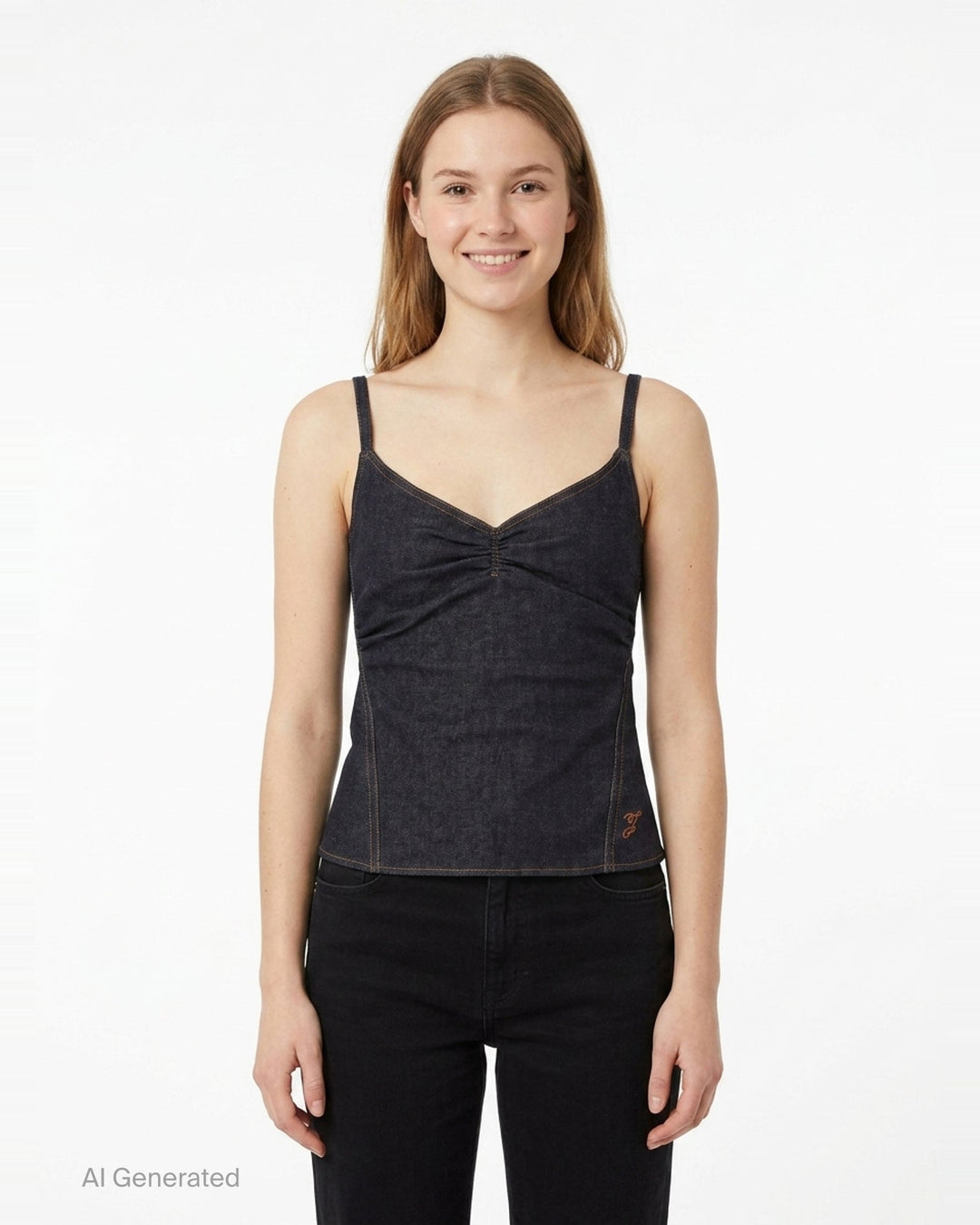 Jacquemus Pina dark indigo denim tank top with V-neckline, central ruched twist detail, slim spaghetti straps, contrast amber topstitching, and embroidered script logo at the hem - front