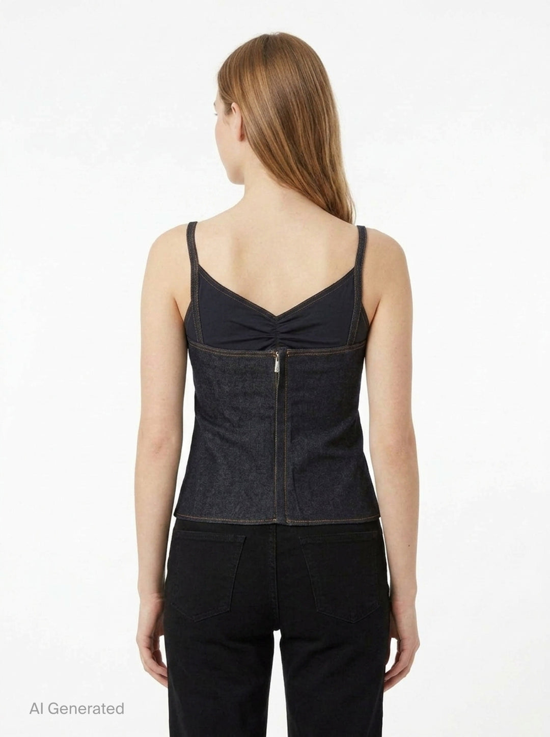 Jacquemus Pina dark indigo denim tank top with V-neckline, central ruched twist detail, slim spaghetti straps, contrast amber topstitching, and embroidered script logo at the hem - back