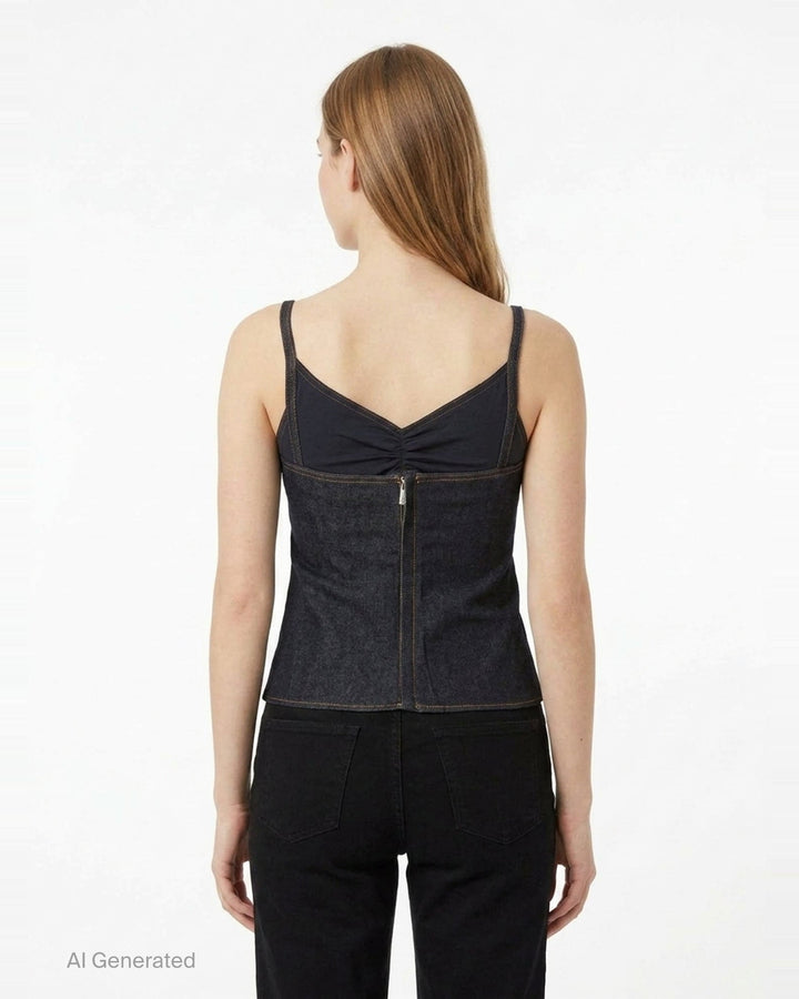 Jacquemus Pina dark indigo denim tank top with V-neckline, central ruched twist detail, slim spaghetti straps, contrast amber topstitching, and embroidered script logo at the hem - back