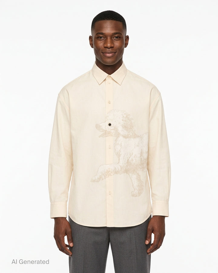 Jacquemus Pisco long sleeve cream shirt with an oversized tonal poodle print and a contrast dark button at the eye - front