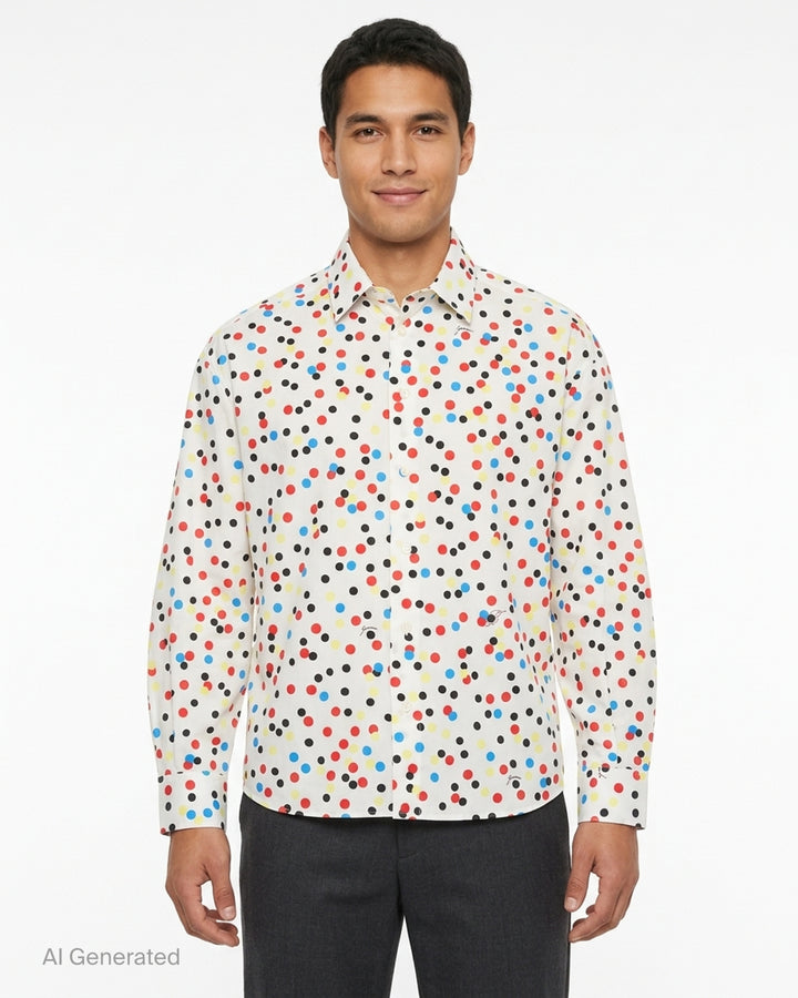 Jacquemus white long sleeve shirt with all-over red, blue, yellow and black polka dot print, shown front view with button-front closure - front