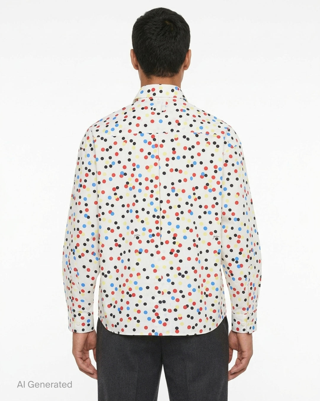 Jacquemus white long sleeve shirt with all-over red, blue, yellow and black polka dot print, shown front view with button-front closure - back