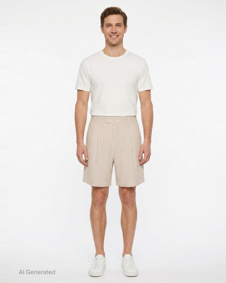 Jacquemus Pyjama Shorts in off-white pinstripe fabric with pleated front, two-button waistband, and relaxed wide-leg silhouette - front