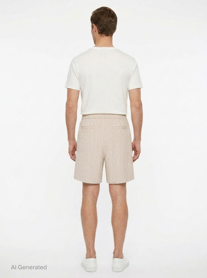 Jacquemus Pyjama Shorts in off-white pinstripe fabric with pleated front, two-button waistband, and relaxed wide-leg silhouette - back