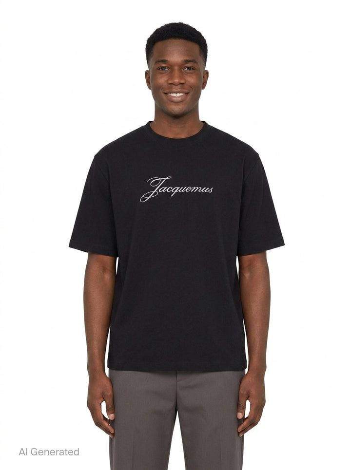 Jacquemus black oversized short sleeve tee with embroidered cursive script logo across the chest - front